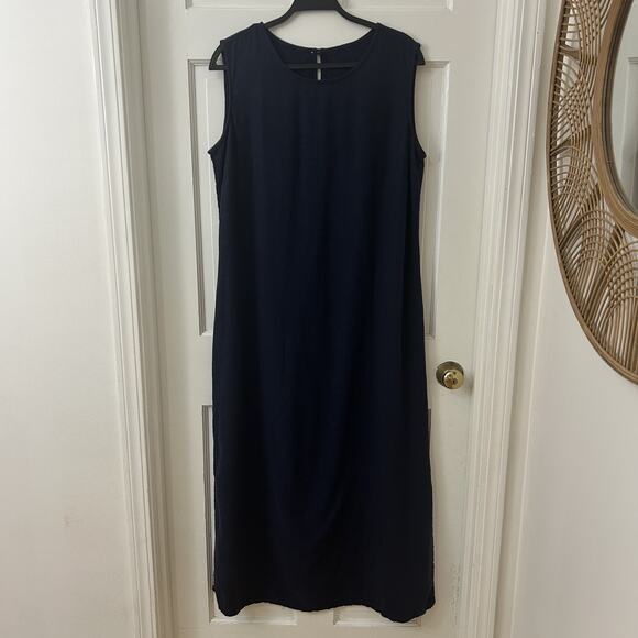 Denim & Co. Sleeveless Sz 16 Navy Linen Blend Shift Maxi Dress Side Slits Career - Picture 1 of 3